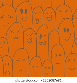 Vector. Colorful contrast seamless pattern. Creepy evil Halloween background. Hand-drawn ghosts in cartoon style. Repeating wallpaper, sketch. Design of gift wrapping, gift paper. Happy Halloween.