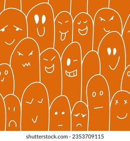 Vector. Colorful contrast seamless pattern. Creepy evil Halloween background. Hand-drawn ghosts in cartoon style. Repeating wallpaper, sketch. Design of gift wrapping, gift paper. Happy Halloween.