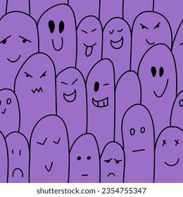Vector. Colorful contrast seamless pattern. Creepy evil Halloween background. Hand-drawn ghosts in cartoon style. Repeating wallpaper, sketch. Design of gift wrapping, gift paper. Trick or treat.