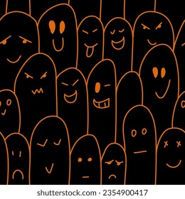 Vector. Colorful contrast seamless pattern. Creepy evil Halloween background. Hand-drawn ghosts in cartoon style. Repeating wallpaper, sketch. Design of gift wrapping, gift paper. Happy Halloween.