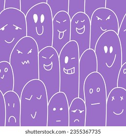 Vector. Colorful contrast seamless pattern. Creepy evil Halloween background. Hand-drawn ghosts in cartoon style. Repeating wallpaper, sketch. Design of gift wrapping, gift paper. Trick or treat.