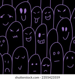 Vector. Colorful contrast seamless pattern. Creepy evil Halloween background. Hand-drawn ghosts in cartoon style. Repeating wallpaper, sketch. Design of gift wrapping, gift paper. Trick or treat.