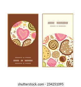 Vector colorful cookies vertical round frame pattern business cards set
