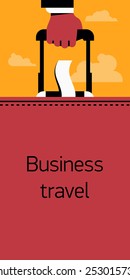 Vector colorful cool four colors flat vertical web banner on business travel with abstract businessman's hand holding luggage suitcase, and clouds | Business class airline printable poster
