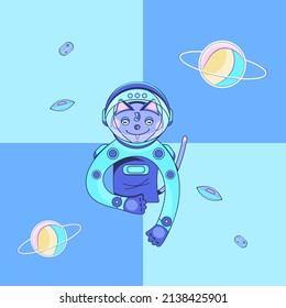 Vector colorful cosmic cat, kitten, kitty, feline pet dressed in astronaut suit and located on cosmic, space background including planets, unknown flying objects. Card for International Cosmic Day.