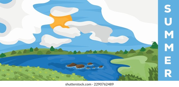 Vector colorful countryside background illustration: Clear river with some rocks, sun is hiding behind big clouds