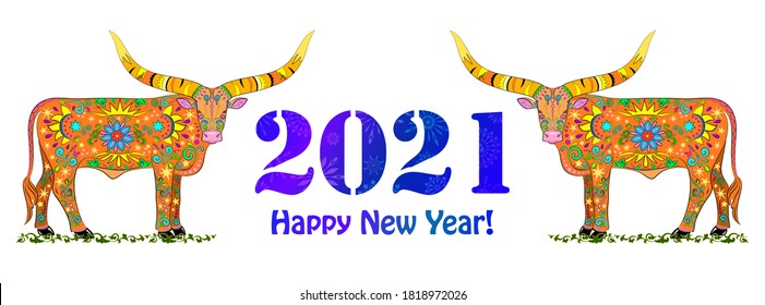 Vector colorful cows painted with ornament, symbol of the Chinese New Year. 2021 is decorated with snowflakes. Happy new year 2021 greeting card design