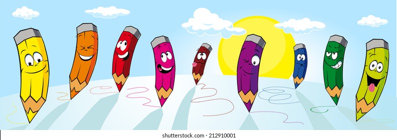 vector colorful crayons drawing on white paper - panoramic view