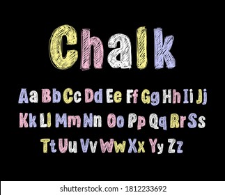 Vector Colorful Crayons Drawn Font Isolated on Black Background, Pastel Colored Letters, Alphabet, Scribble Lines.