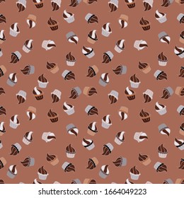 Vector. Colorful cream dessert backdrop on neutral, brown and gray. Cupcake seamless pattern. Texture for prints, decorations, fabric. Muffin sweet texture background.