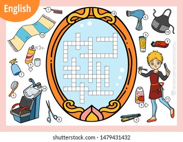 Vector colorful crossword in English, education game for children. Cartoon hairdresser and objects for hair cutting