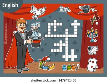 Vector colorful crossword in English, education game for children. Cartoon Illusionist and objects for magic tricks