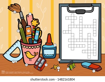 Vector colorful crossword in English, education game for children. Cartoon stationery set and objects for school