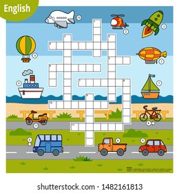 Vector colorful crossword in English, education game for children. Cartoon  set of transport