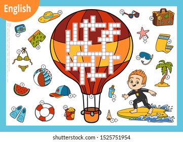 Vector colorful crossword in English, education game for children. Young surfer and tropical vacation set