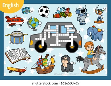 Vector colorful crossword in English, education game for children. Cartoon set of toys and items for boys