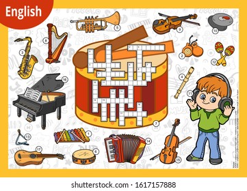 Vector colorful crossword in English, education game for children. Cartoon boy in headphones and set of musical instruments