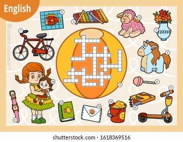 Vector colorful crossword in English, education game for children. Cartoon set of toys and objects for girl