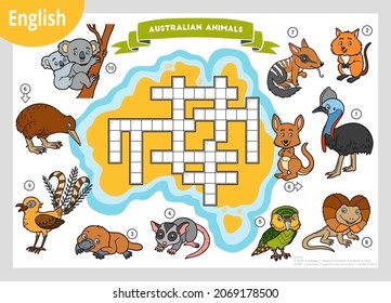 Vector colorful crossword in English, education game for children. Cartoon animals of Australia