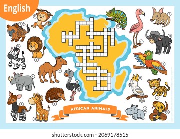 Vector colorful crossword in English, education game for children. Cartoon animals of Africa