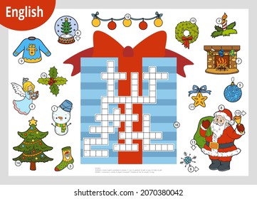 Crucigrama colorido vector en inglés, juego educativo para niños. Santa Claus y objetos de Navidad