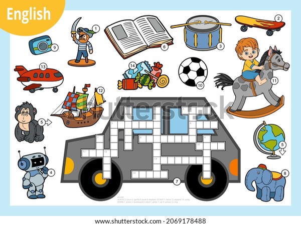 Vector colorful\
crossword in English, education game for children. Cartoon set of\
toys and objects for\
boys