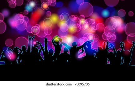 Vector colorful crowd of party people silhouettes background