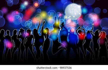 Vector colorful crowd of party people silhouettes background