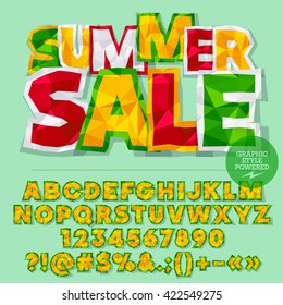 Vector colorful crumpled paper alphabet letters, numbers and punctuation symbols. Bright logotype with text Summer sale