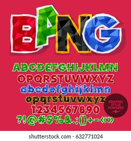 Vector colorful crumpled paper alphabet letters, numbers and punctuation symbols. Bright card with word Bang
