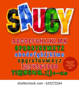 Vector colorful crumpled paper alphabet letters, numbers and punctuation symbols. Bright card with word Saucy