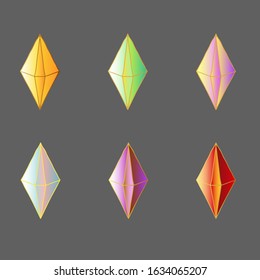 Vector colorful crystal gems isolated. User interface and  game design elements. Different rainbow colors. Fantasy world environment