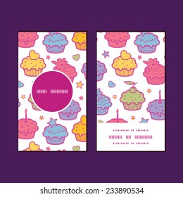 Vector colorful cupcake party vertical round frame pattern business cards set