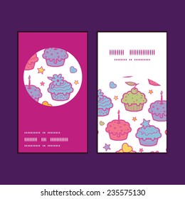 Vector colorful cupcake party vertical round frame pattern business cards set