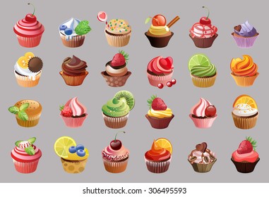 vector colorful cupcakes with different toppings