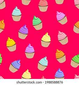 Vector colorful cupcakes Seamless Pattern, bright magenta color, background template.