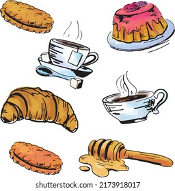 Vector colorful cups of coffee and tea, cookies, croissant and cake. Outline colorful hand drawn illustration isolated on white background