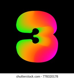 Vector colorful curvy liquid 3 number three black Bubble shapes lettering layout design neon colours bright shiny colorfull boldnumber three 3 with gradient pink green and orange colors
