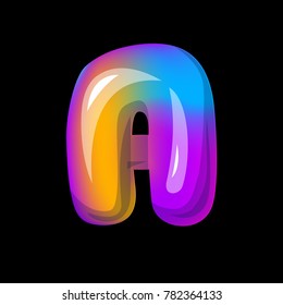 Vector colorful curvy liquid 3d volumetric letter a on black Bubble shapes layout design neon colours bright shiny colorfull bold letter a with gradient pink purple blue yellow colors