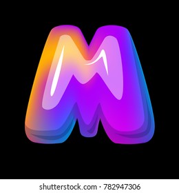 Vector colorful curvy liquid 3d volumetric letter m on black Bubble shapes layout design neon colours bright shiny colorfull bold letter m with gradient pink purple blue yellow colors