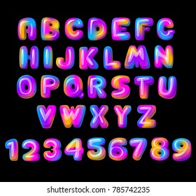 Vector colorful curvy liquid 3d volumetric letters on black Bubble shapes layout design neon colours bright shiny colorfull bold lettering gradient pink purple blue yellow colors shiny glossy
