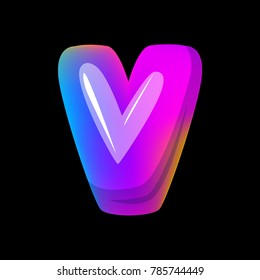 Vector colorful curvy liquid 3d volumetric letter v on black Bubble shapes layout design neon colours bright shiny colorfull bold letter v gradient pink purple blue yellow colors shiny glossy