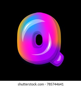 Vector colorful curvy liquid 3d volumetric letter q on black Bubble shapes layout design neon colours bright shiny colorfull bold letter q with gradient pink purple blue yellow colors  shiny glossy