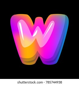 Vector colorful curvy liquid 3d volumetric letter w on black Bubble shapes layout design neon colours bright shiny colorfull bold letter w gradient pink purple blue yellow colors shiny glossy