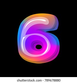 Vector colorful curvy liquid 3d volumetric number 6 six black Bubble shapes design neon colours bright shiny colorfull bold lnumber 6 six gradient pink purple blue yellow colors shiny glossy