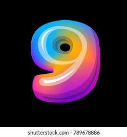 Vector colorful curvy liquid 3d volumetric number 9 nine black Bubble shapes design neon colours bright shiny colorfull bold lnumber 9 nine gradient pink purple blue yellow colors shiny glossy