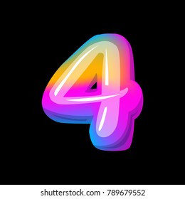 Vector colorful curvy liquid 3d volumetric number 4 four black Bubble shapes design neon colours bright shiny colorfull bold lnumber 4 four gradient pink purple blue yellow colors shiny glossy