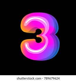 Vector colorful curvy liquid 3d volumetric number 3 three black Bubble shapes design neon colours bright shiny colorfull bold lnumber 3 three gradient pink purple blue yellow colors shiny glossy