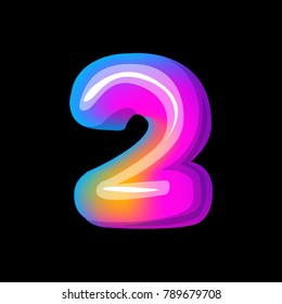 Vector colorful curvy liquid 3d volumetric number2 two on black Bubble shapes layout design neon colours bright shiny colorfull bold lnumber two 2 gradient pink purple blue yellow colors shiny glossy