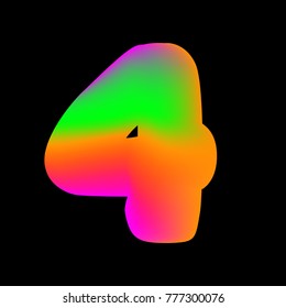Vector colorful curvy liquid 4 number four on black Bubble shapes lettering layout design neon colours bright shiny colorfull boldnumber four 4 with gradient pink green and orange colors